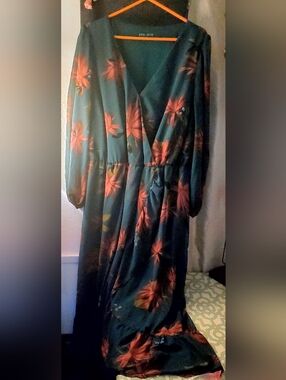 AVA & VIV Green And Coral Floral Wrap Maxi Dress